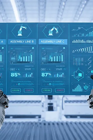Bảng điều khiển số và robot trong nhà máy tự động hóa
